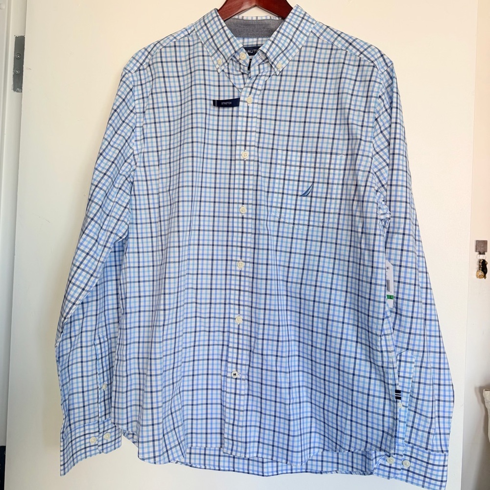 NWT Nautica Men’s Light Blue and White Plaid Button-Down Shirt